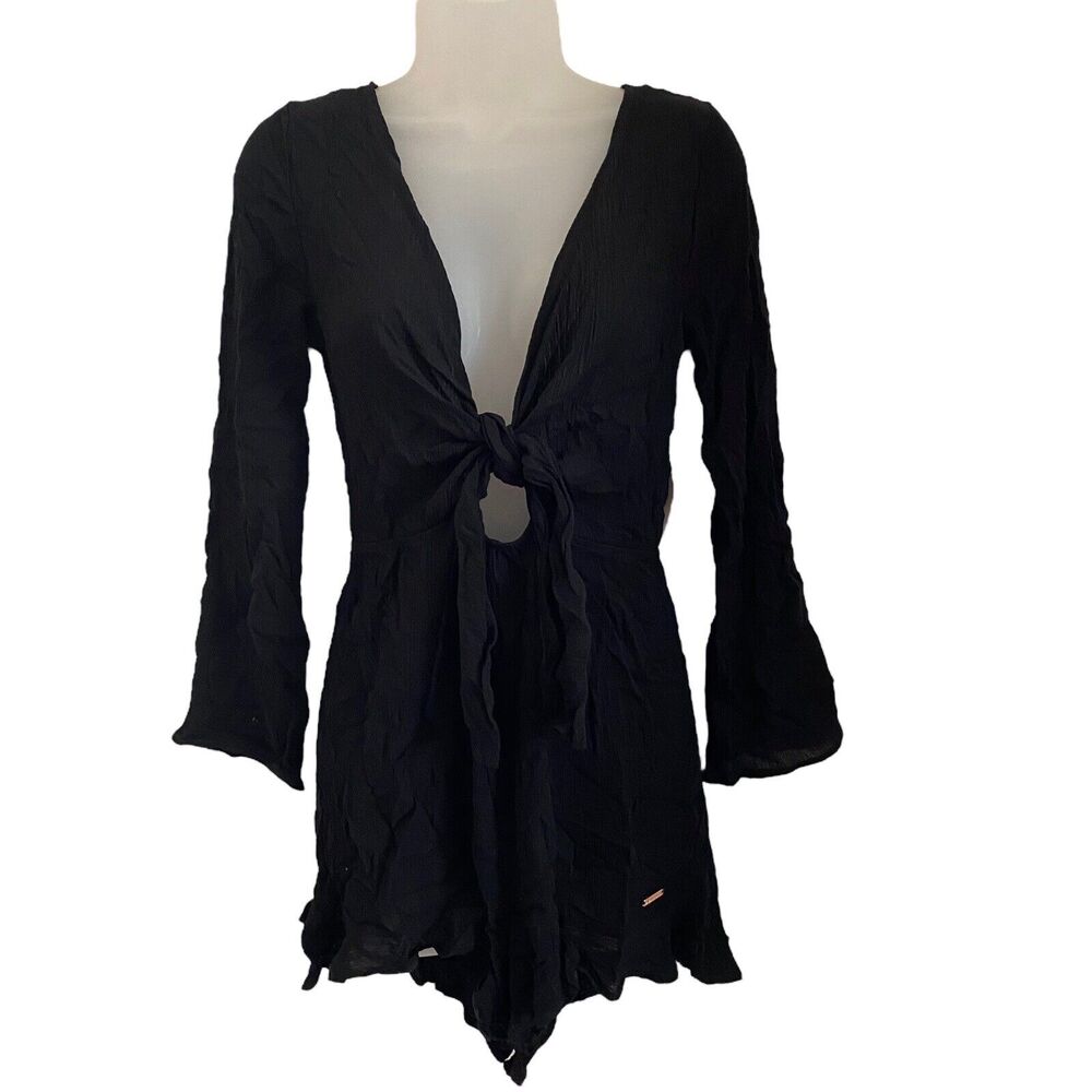 Raisins Small Romper Coverup Vneck Cutout Long Sleeve Black NWT